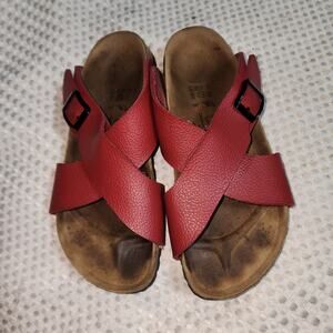 BIRKENSTOCK BIRKIS EUC WOMENS 9.5 RED LEATHER CROSS STRAP SANDALS